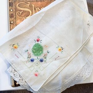 Embroidered White Linen  Handkerchief with Lace Trim